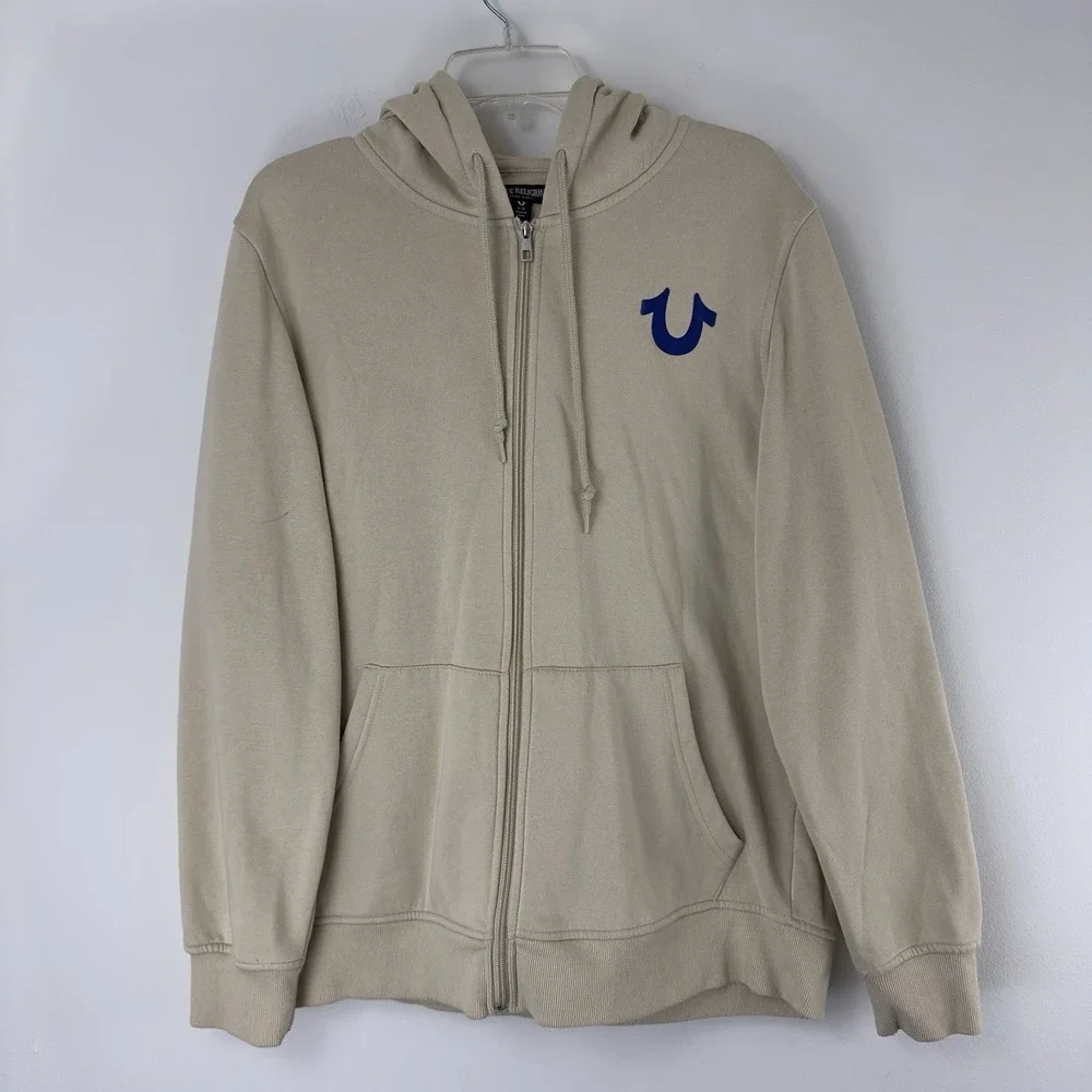 True Religion Men's Buddha Zip‎ Hoodie Beige Full Zip L Graphic Fleece Lined